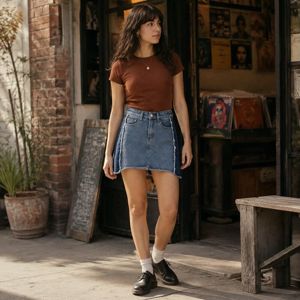 En Creme Y2K Two Tone Denim Mini Skirt Sz S Indie Festival Grunge Distressed